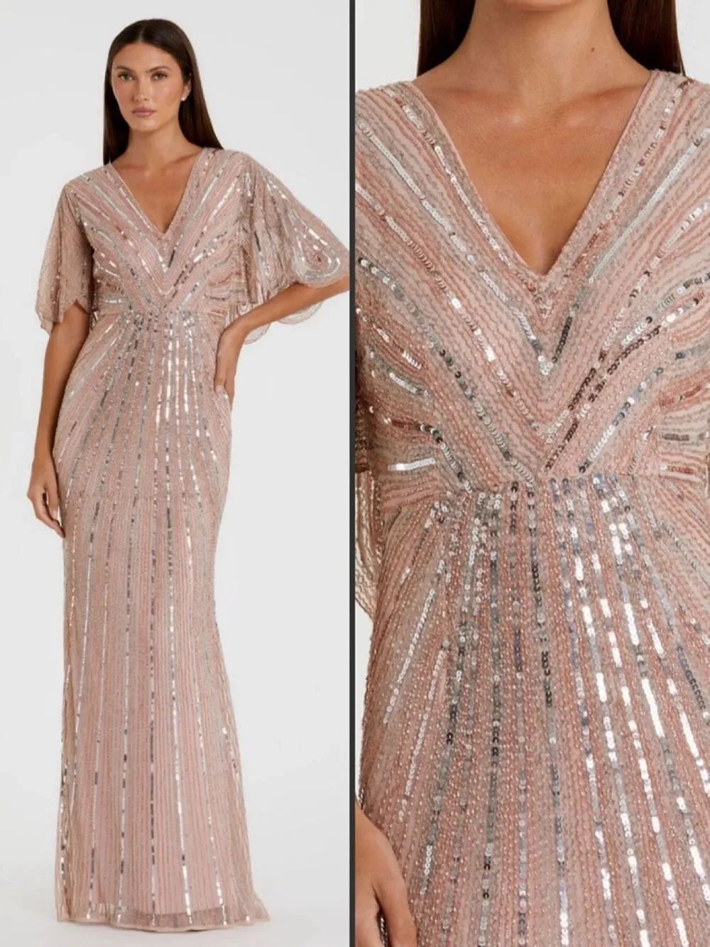 NWT MAC Duggal 93583 Pink Sequined V Neck Cape Sleeve Column Gown Size 12